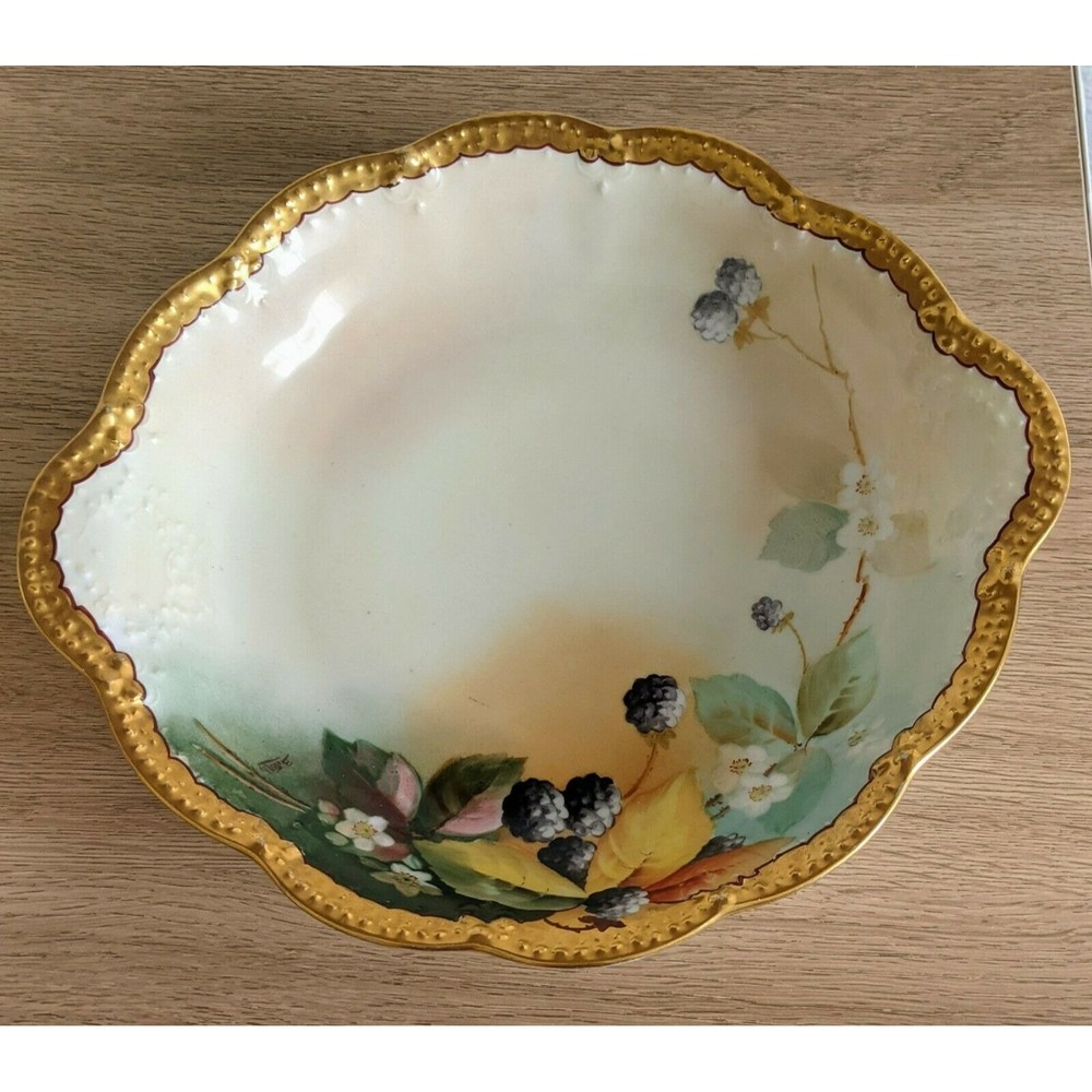 Antique T&V Limoges France Bowl - Hand Painted Blackberries & Gold Trim